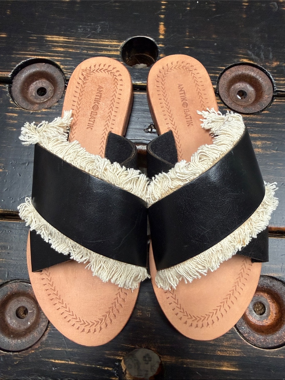 Antik Batik Black Leather Fringe Slide Sandals with Cream Fringe Trim - Sz 40